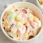 A top view of the creamy fruit and marshmallow side dish.