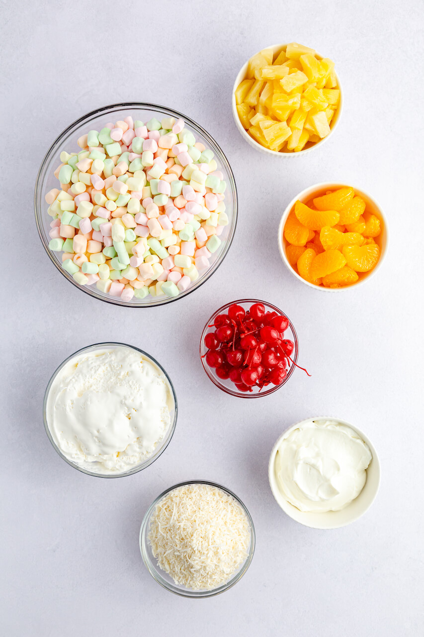 Marshmallows, fruit and Greek yogurt for the salad.