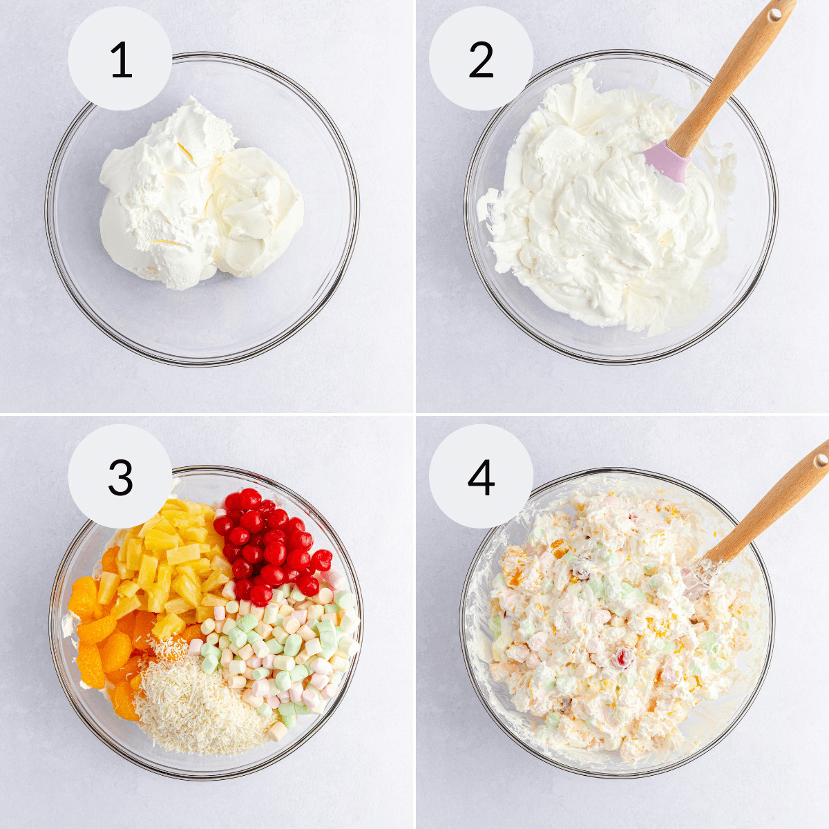Placing the yogurt in a bowl, adding the fruit and marshmallows and blending together.