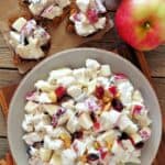A bowl of Apple Cranberry Salad with diced apples, nuts, and cranberries, alongside crackers topped with the salad and two whole apples on the side.