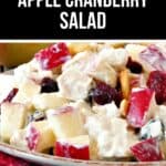 A plate of Apple Cranberry Salad with chopped apples, dried cranberries, nuts, and creamy dressing sits on a red cloth. Text above reads "Sweet Apple Cranberry Salad.