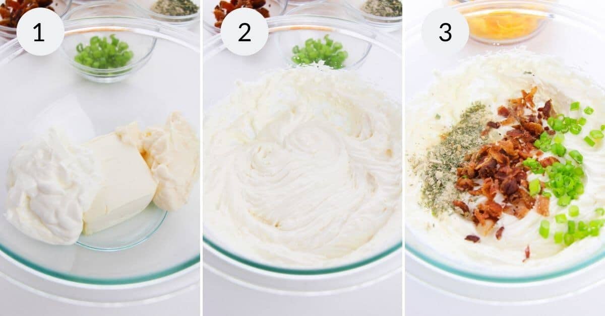 To make a delectable Bacon Cheddar Ranch Dip, start by blending cream cheese and mayonnaise. Add the mixture with savory bacon bits, sharp cheddar, zesty ranch, green onions, and fresh herbs for a tantalizing finish. Enjoy this creamy delight as an irresistible appetizer at any gathering!.