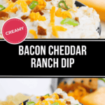 A close-up of Bacon Cheddar Ranch Dip is topped with bacon bits, cheese, and green onions, with a tortilla chip inserted. The text overlay reads "Creamy Bacon Cheddar Ranch Dip." A cheese grater sits in the background.