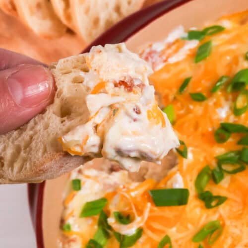 A person holding a bowl of cowboy crack dip with cheese and green onions.