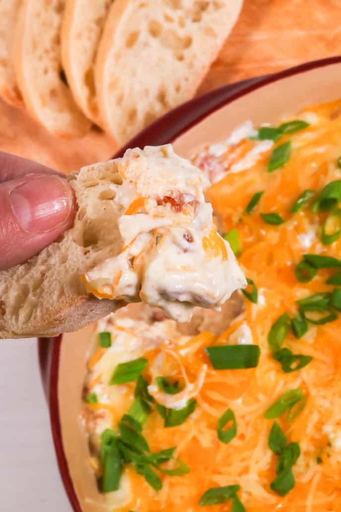 A person holding a bowl of cowboy crack dip with cheese and green onions.