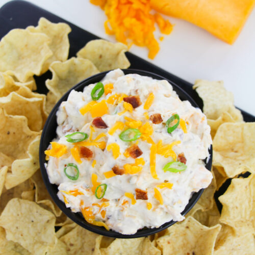 The Bacon Ranch Dip surrounded by chips.