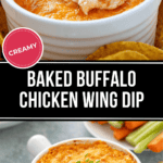 Two bowls of the classic Buffalo Chicken Wing Dip accompanied by crispy tortilla chips, garnished beautifully with fresh herbs.