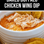 A close-up of a creamy, baked delight, this Buffalo Chicken Wing Dip pairs perfectly with crunchy tortilla chips for a mouthwatering experience.