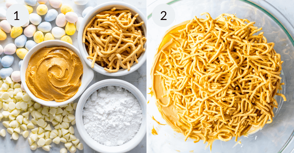Step-by-step visual guide for making bird’s nest cookies with candy-coated chocolates, peanut butter, chow mein noodles, and white chocolate chips.