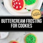 Three sugar cookies with red, green, and white buttercream frosting for cookies and festive sprinkles are displayed on a white plate and marble surface.