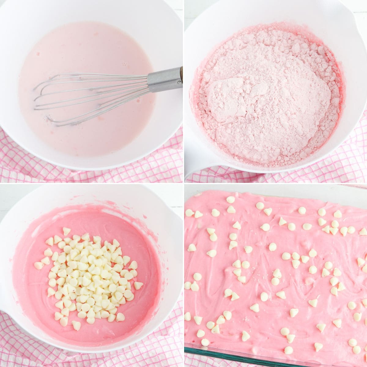 Four panels show the steps of making Cake Mix Strawberry Brownies: whisking liquid, adding dry mix, mixing in white chocolate chips, and spreading the batter in a pan with chips on top.