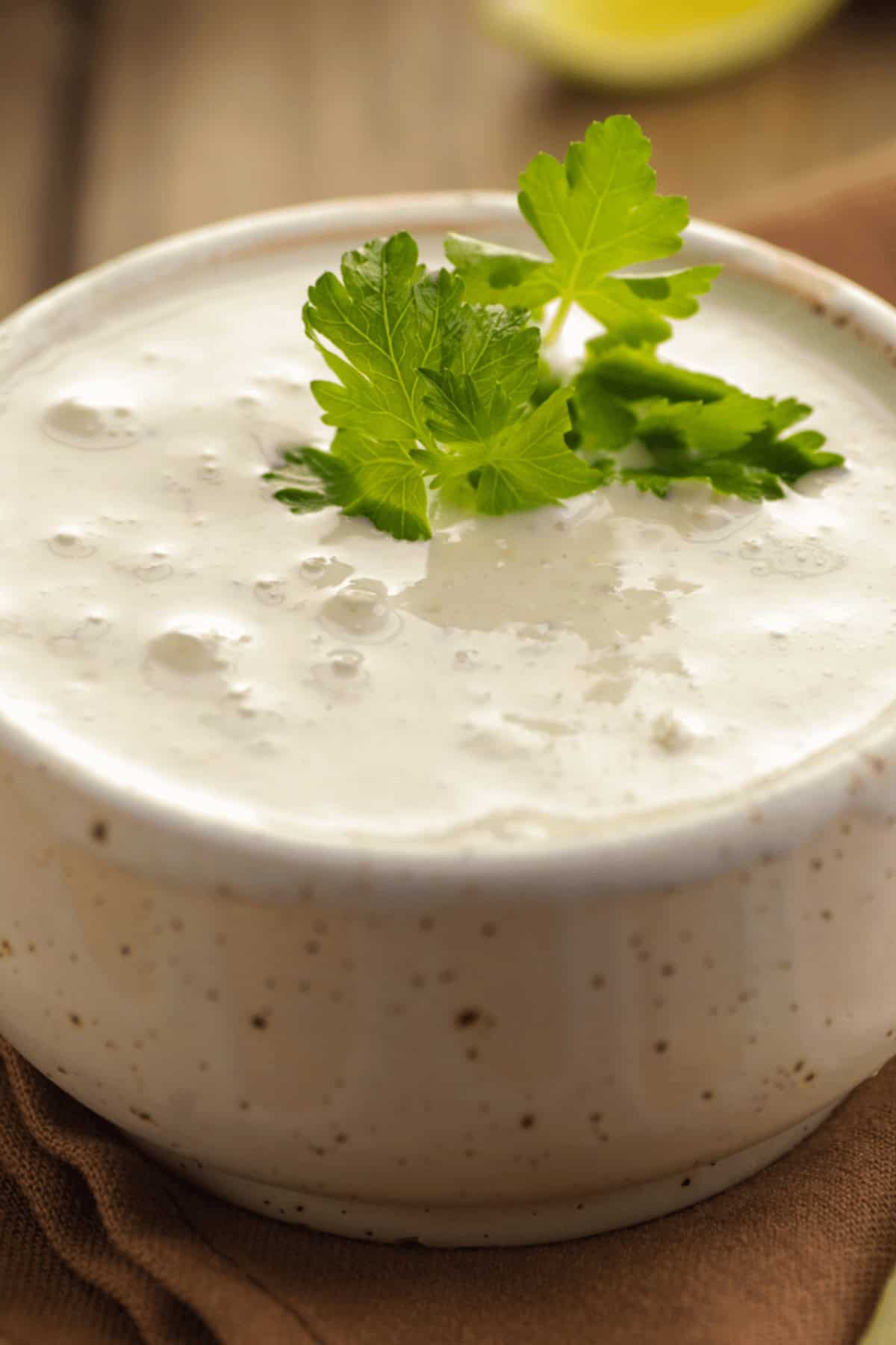 A white bowl with chunky blue cheese sauce with parsley on top.