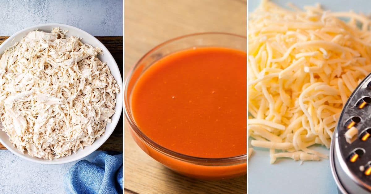 A tantalizing triptych showcases shredded chicken bathed in rich red sauce, perfectly capturing the essence of Buffalo Chicken Wing Dip. The scene is completed with grated cheese standing proudly next to a gleaming grater.
