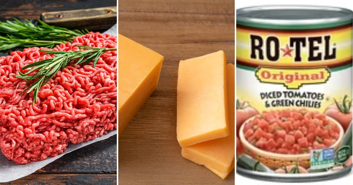Ground beef, slices of cheese, and a can of Rotel diced tomatoes with green chilies are displayed side by side, perfect ingredients.