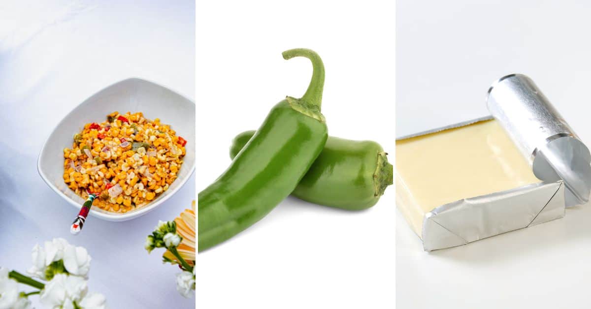 A bowl of corn salad, two green peppers, and a wrapped cheese block on a white surface entice the senses.