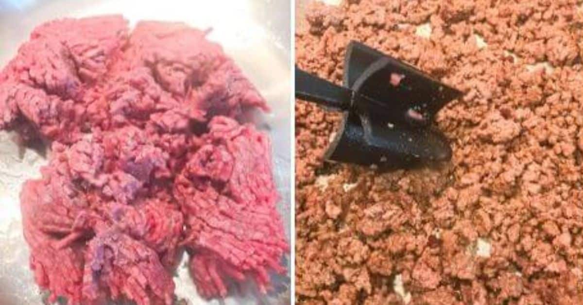 Side-by-side images display raw ground beef on the left and cooked crumbled beef with a black meat chopper on the right, forming the savory base for a delightful Crock Pot Cheeseburger Dip.