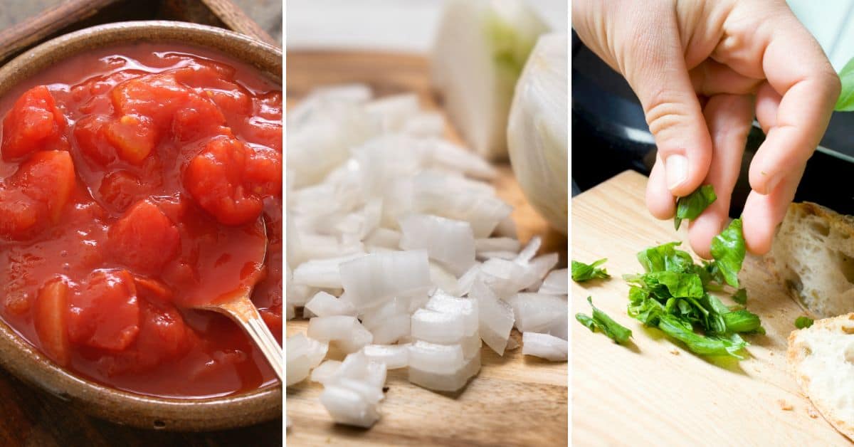 A triptych of food preparation: canned San Marzano tomatoes, diced onions, and a hand tearing basil over pizza sauce.