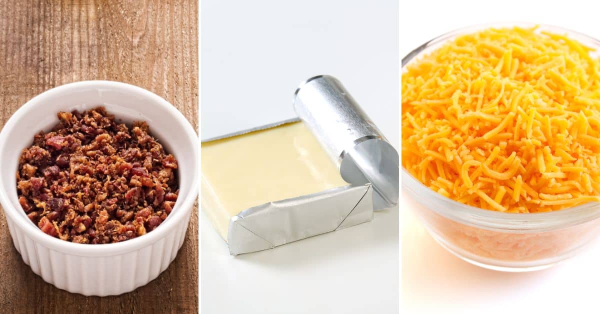 The cream cheese, bacon buts and cheddar cheese to make the appetizer.