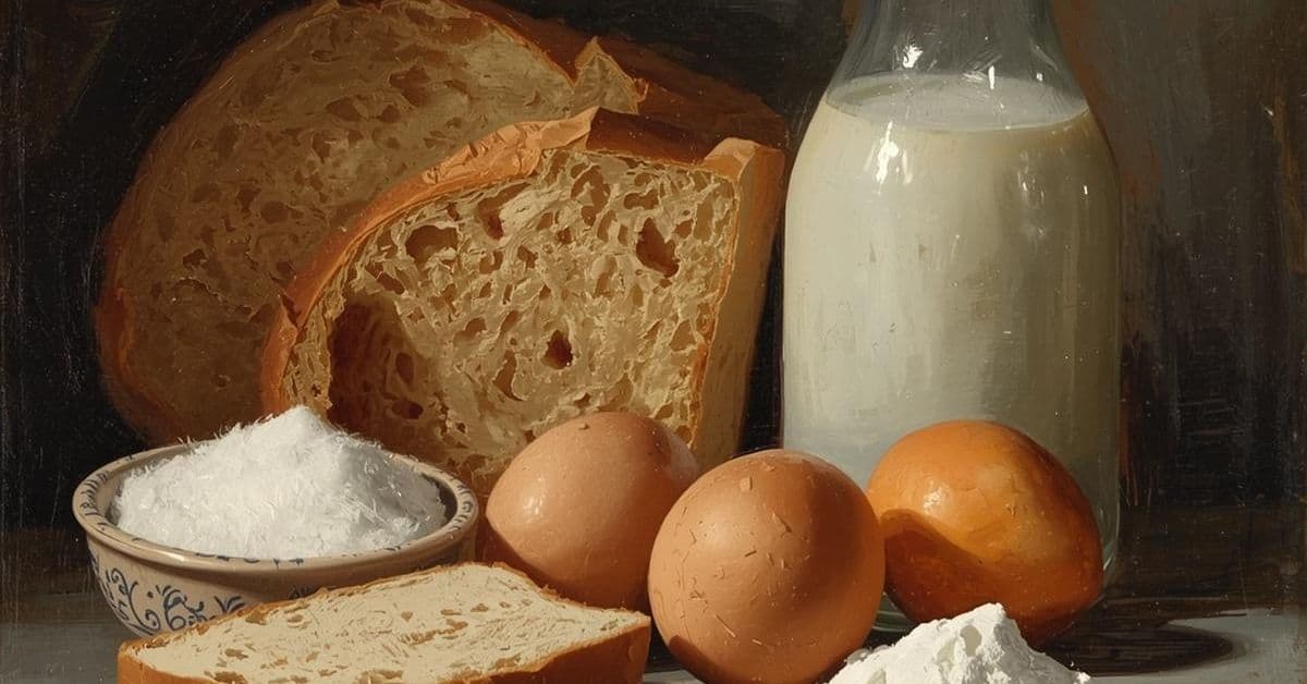 A loaf of bread, three eggs, a glass bottle of milk, a bowl of flour, and slices of bread are arranged on a table.