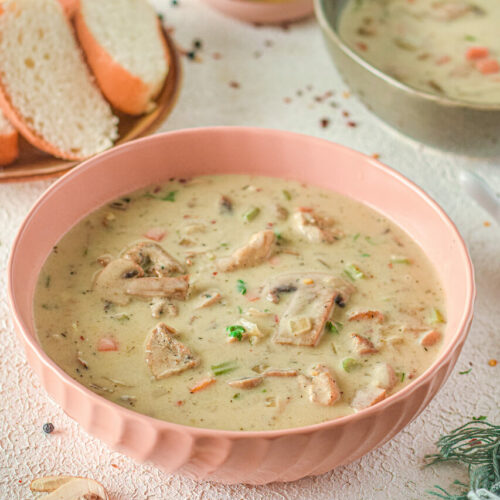 A bowl of cream of mushroom soup in a pink bowl.