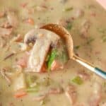 A spoonful of creamy chicken mushroom soup with visible slices of mushrooms, tender chicken, vegetables, and herbs in a pink bowl.