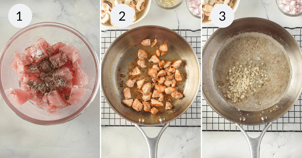 Step 1: Raw chicken pieces with seasoning in a glass bowl. Step 2: Cooked chicken in a skillet. Step 3: Garlic sautéing in the same skillet, preparing the base for delicious dish.
