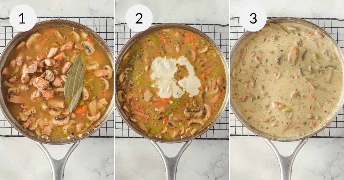 Three side-by-side pans show stages of cooking Creamy Chicken Mushroom Soup: chicken and vegetables simmering, then cream added, and finally a thick, creamy mixture. Each pan is labeled 1, 2, and 3.