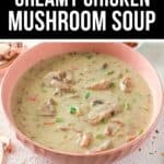 A bowl of Creamy Chicken Mushroom Soup with tender chicken pieces, mushrooms, and fresh herbs sits on a light surface, accented by nearby mushroom slices.