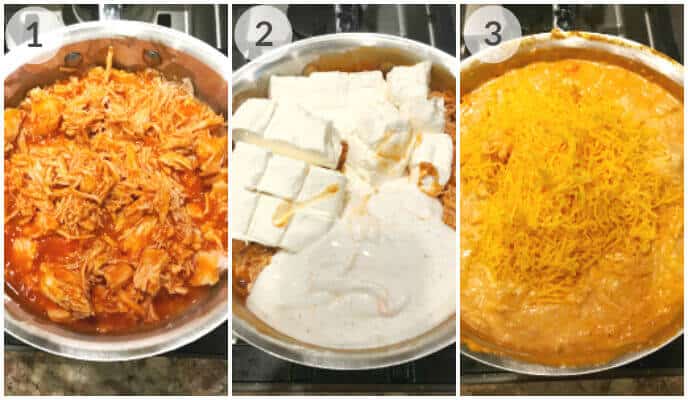 Create a Crock Pot Buffalo Chicken Dip with this three-step process: 1) Shredded chicken in tangy sauce; 2) Added cream cheese with a hint of heat; 3) Mixed it all under a layer of melted cheese.
