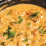 Close-up of creamy Crock Pot Cheeseburger Dip featuring ground meat, chopped tomatoes, and topped with fresh cilantro, all elegantly served in a black bowl.