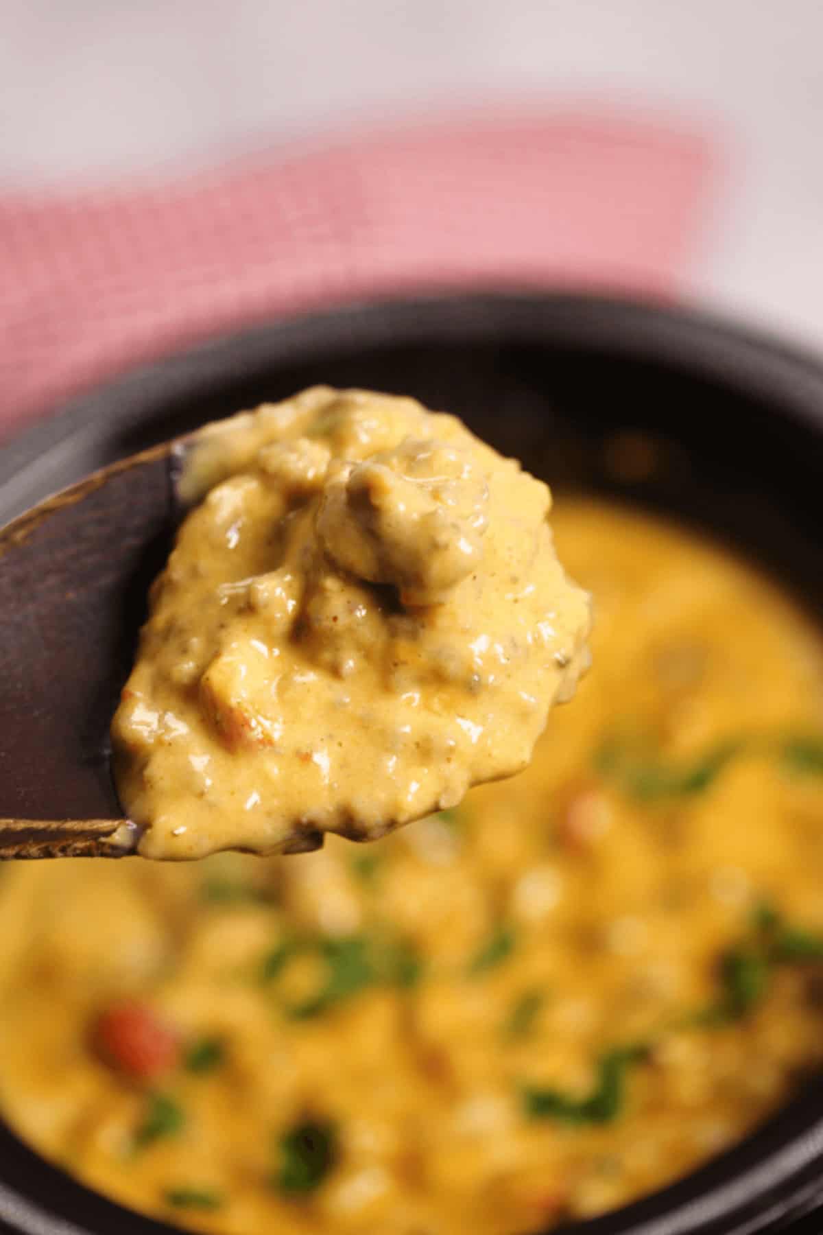 Close-up of a wooden spoon holding curry with visible chunks of meat and vegetables, above a bowl of the same dish. Reminiscent of a Crock Pot creation, the dish is creamy and garnished with fresh green herbs, offering a hearty warmth akin to a comforting cheeseburger dip.
