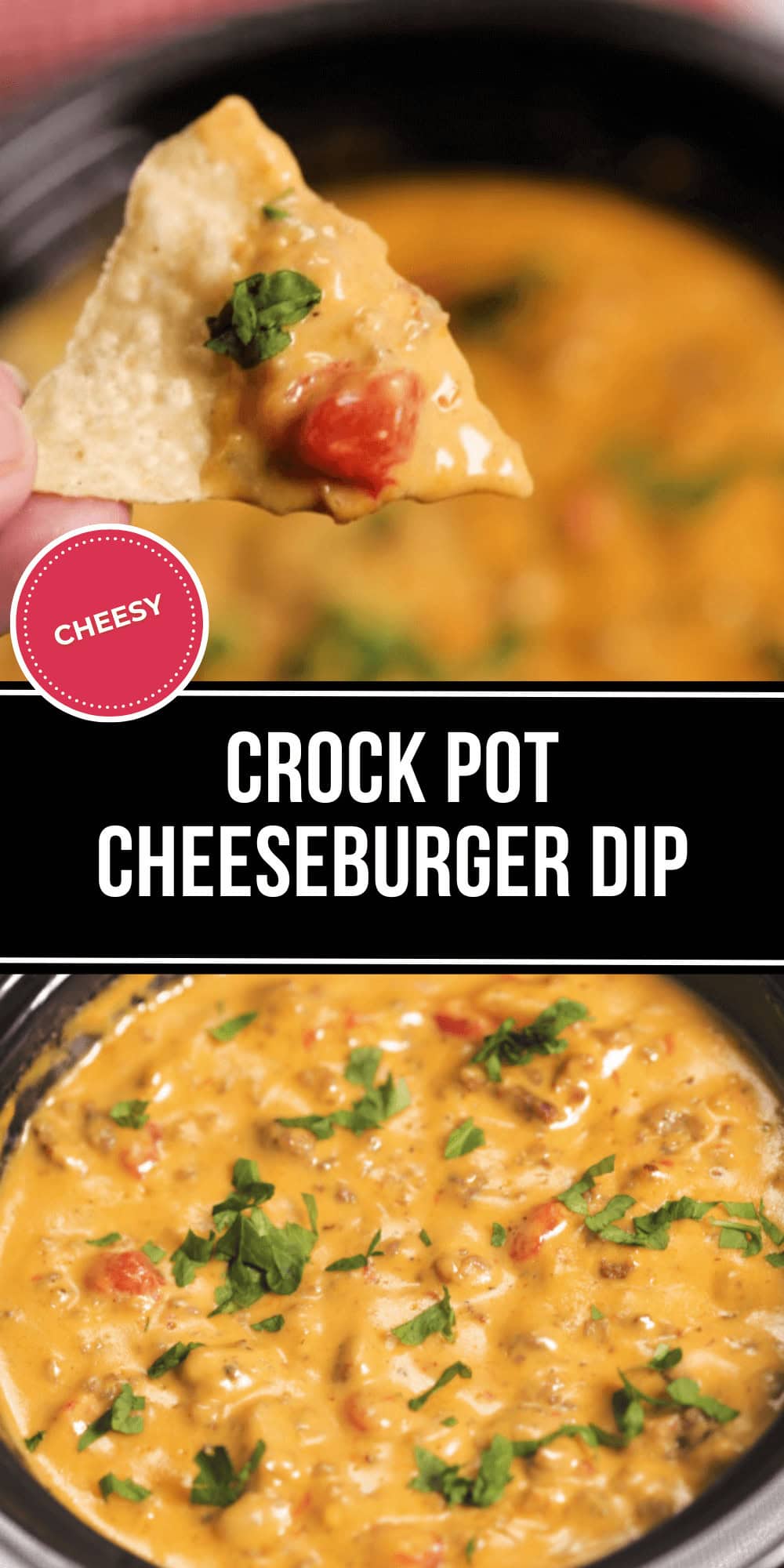 Crock Pot Cheeseburger Dip, topped with fresh herbs, beckons. A chip dives into the creamy, cheesy perfection for a bite that's irresistibly savory.