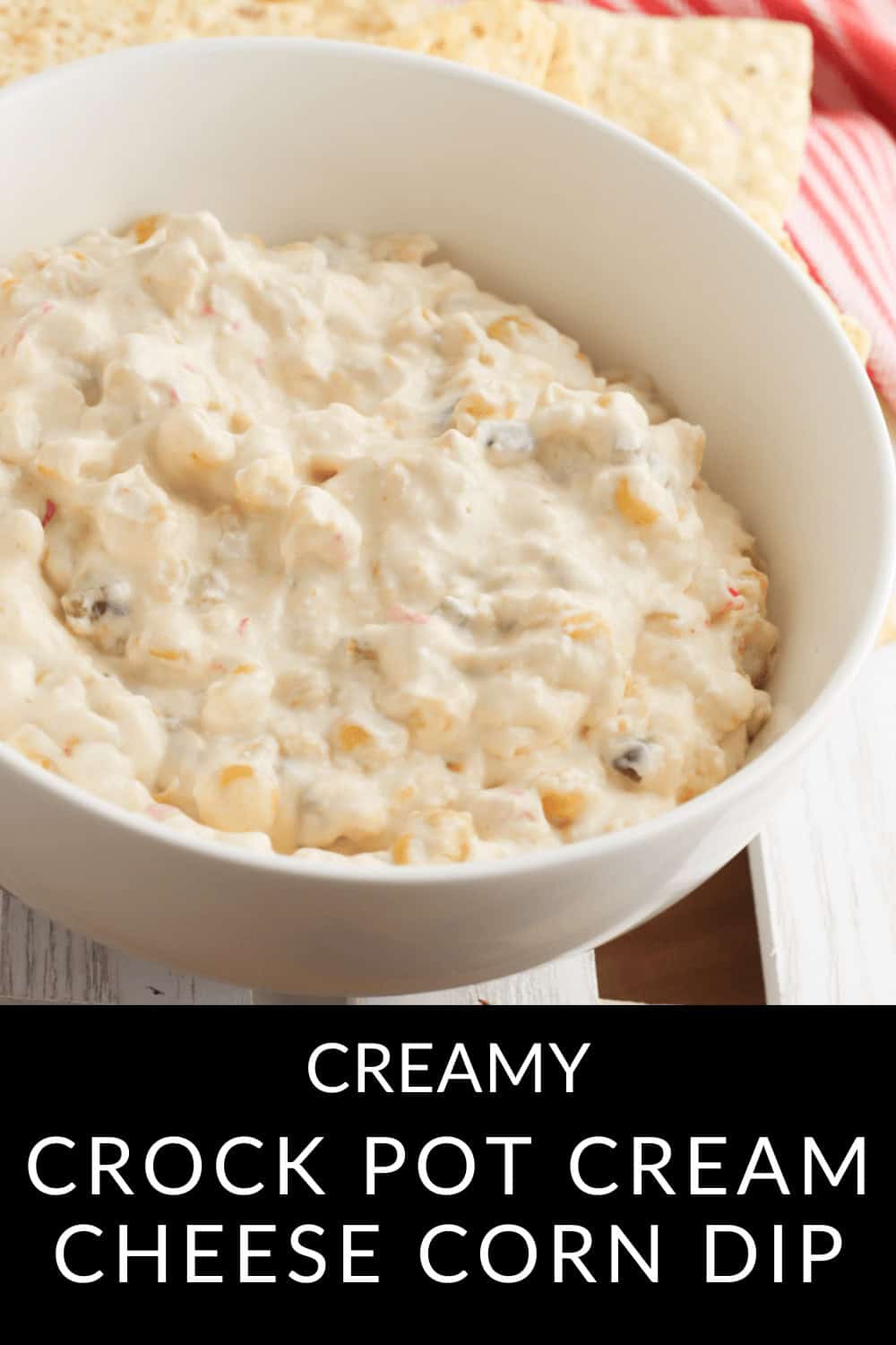 A bowl of velvety cream cheese corn dip sits on a table. The text below reads: "Indulge in Creamy Crock Pot Delight.