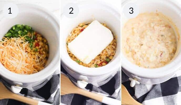 The three-step process in a slow cooker: 1. Ingredients layered; 2. Cream cheese added; 3. Contents mixed and cooked to perfection. A wooden spoon rests on a checkered cloth nearby, ready for serving this creamy delight.