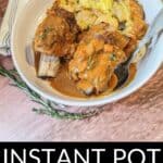A bowl of tender Instant Pot Beef Short Ribs in brown sauce with vegetables and mashed potatoes, served with a spoon; text reads “Instant Pot Beef Short Ribs.”.