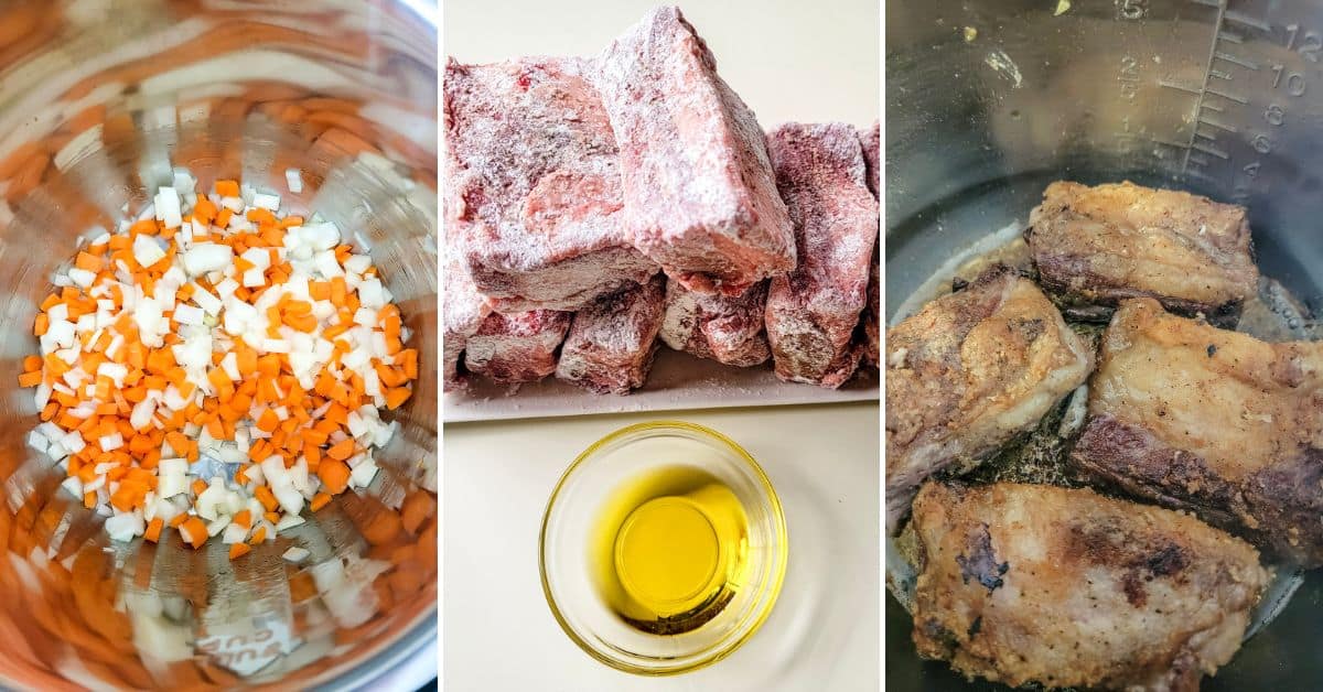 Three panels show diced carrots and onions in a metal bowl, floured beef chunks on a plate, and seared Instant Pot Beef Short Ribs browning in a pot. A small bowl of oil is also visible.
