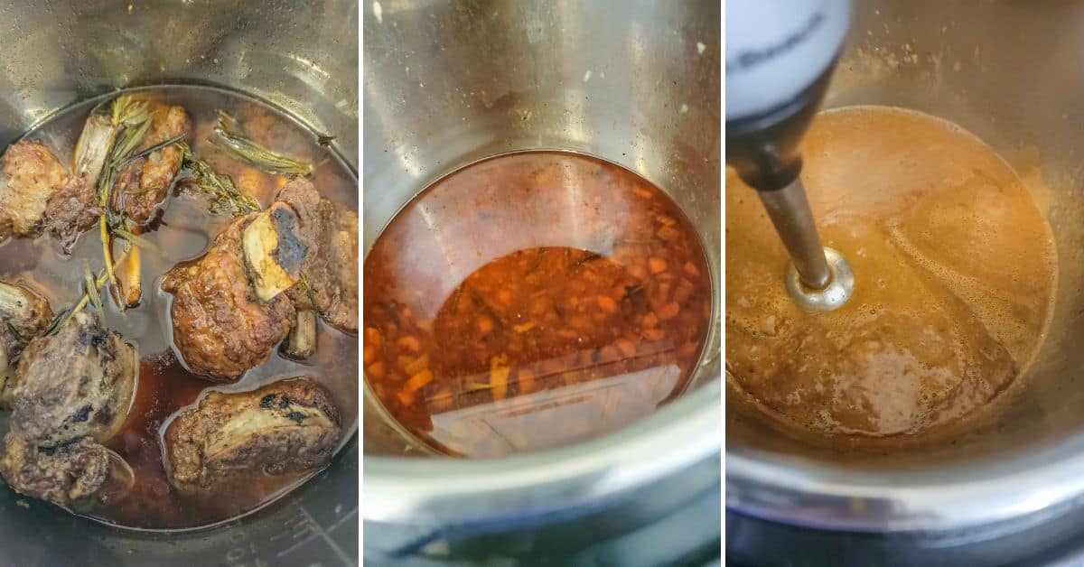 Three-step process for sauce: roast Instant Pot Beef Short Ribs with herbs, simmer the mixture, then blend the liquid with an immersion blender.
