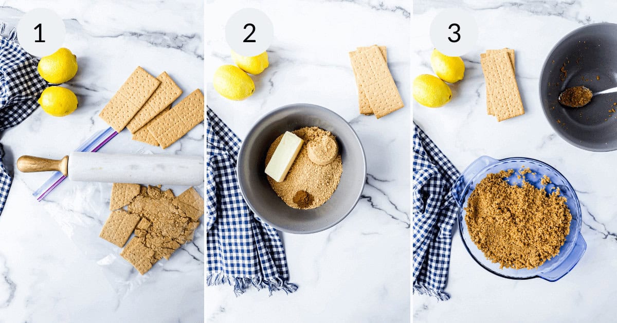 Step-by-step baking process: crushing graham crackers with a rolling pin (step 1), mixing butter and brown sugar (step 2), combining ingredients in a bowl (step 3). Lemons, essential for our Lemonade Frozen Pie, and a blue checkered cloth are visible.