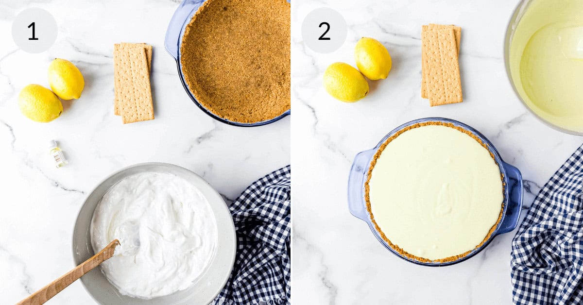 A two-step process for making a lemonade frozen pie: Step 1 shows ingredients including a graham cracker crust, lemons, whipping cream, and a bowl of filling. Step 2 shows the filled pie crust, ready to set and freeze for a refreshing treat.