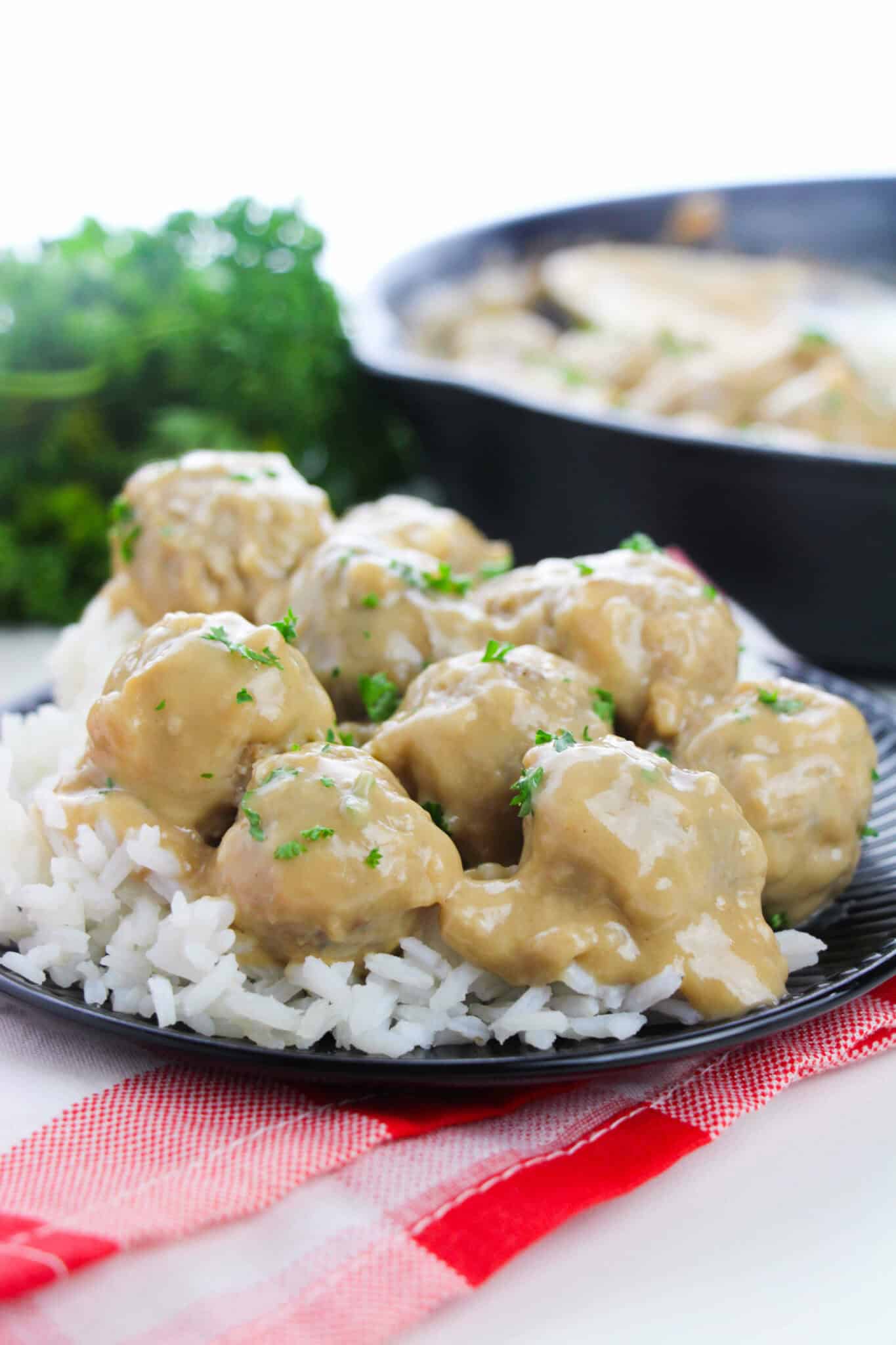 The meatballs and gravy over rice.