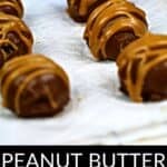 Six Peanut Butter Bon Bons drizzled with rich peanut butter sit on parchment paper, with an Oreo package partially visible in the background.
