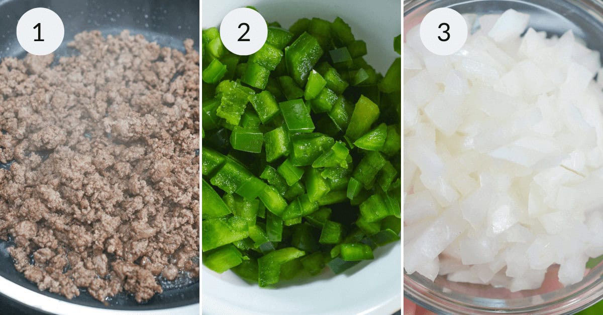 Three-step cooking process 1) Cook ground beef in a pan. 2) Combine chopped green bell peppers in a bowl. 3) Add chopped onions to the mix for a delicious twist on a classic favorite.