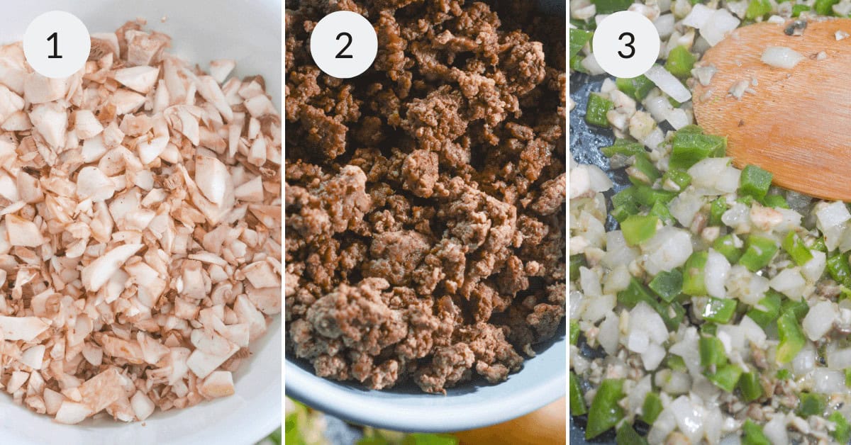 Three-part image showcasing Philly Cheese Steak Sloppy Joes: chopped mushrooms, cooked ground meat, and a mix of onions and green peppers sizzling in a pan with a wooden spoon.