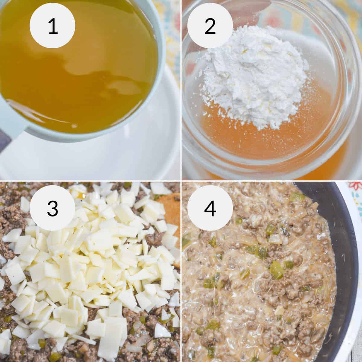 Four images demonstrating Philly Cheese Steak Sloppy Joes in action: 1) Broth ready in a cup. 2) Flour stored in a jar. 3) Chopped cheese scattered on ground meat with vibrant veggies. 4) The savory mixture gently simmering in a pan, creating a deliciously hearty meal.