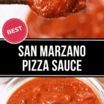 A spoonful of San Marzano pizza sauce showcased above a bowl of the same sauce, labeled as the best pizza sauce.