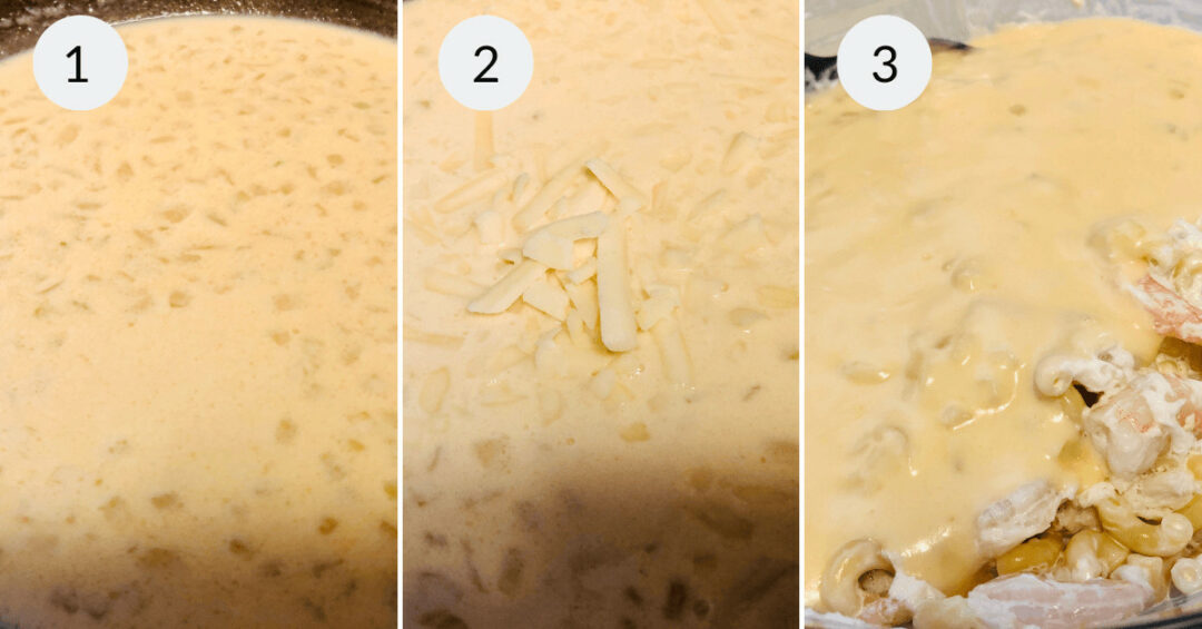 Creating the creamy sauce for the dish.