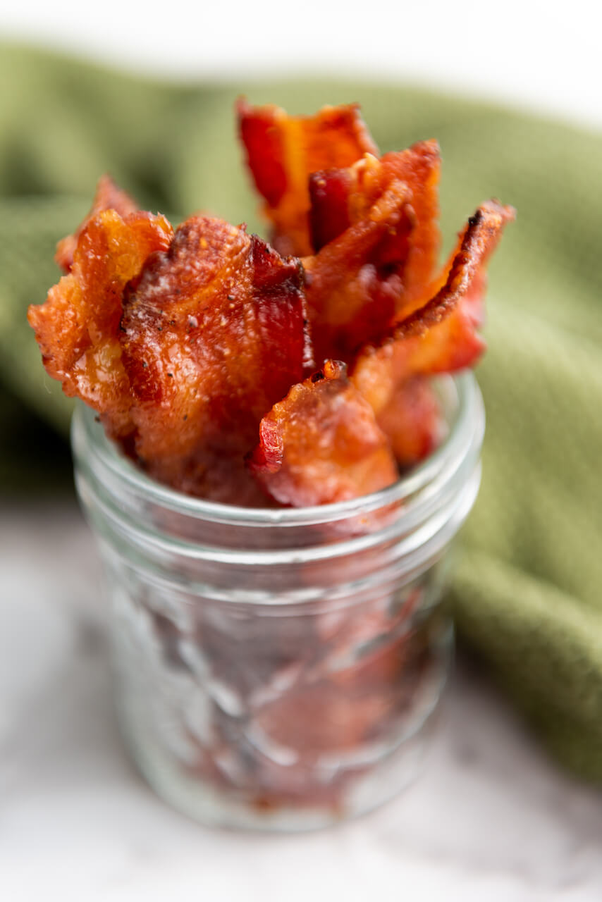 A close up on the spicy brown sugar bacon strips.