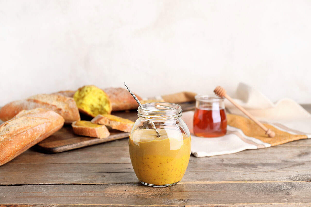A jar of spicy honey mustard with a spoon sits on a wooden table. In the background, sliced bread, another jar of honey with a dipper, and a folded napkin create an inviting scene.