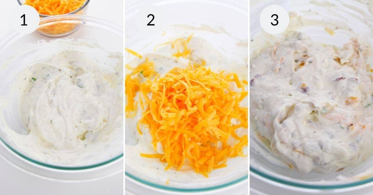 Three-step process for appetizer: 1) creamy mixture in a bowl, 2) shredded cheese and crispy bacon added, 3) fully mixed for a flavorful dip.