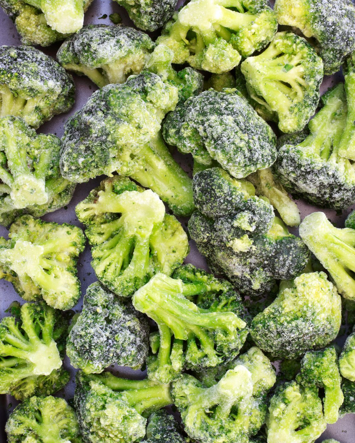 A tray of frozen broccoli.
